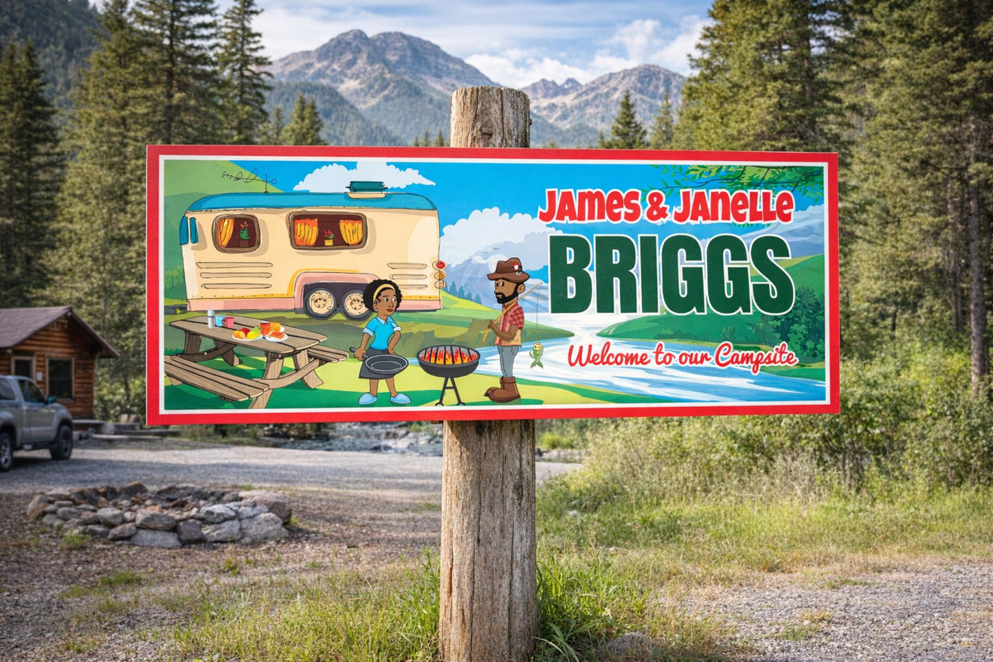 Personalized RV camping sign displayed on a wooden post in a scenic campground setting with mountains and trees.