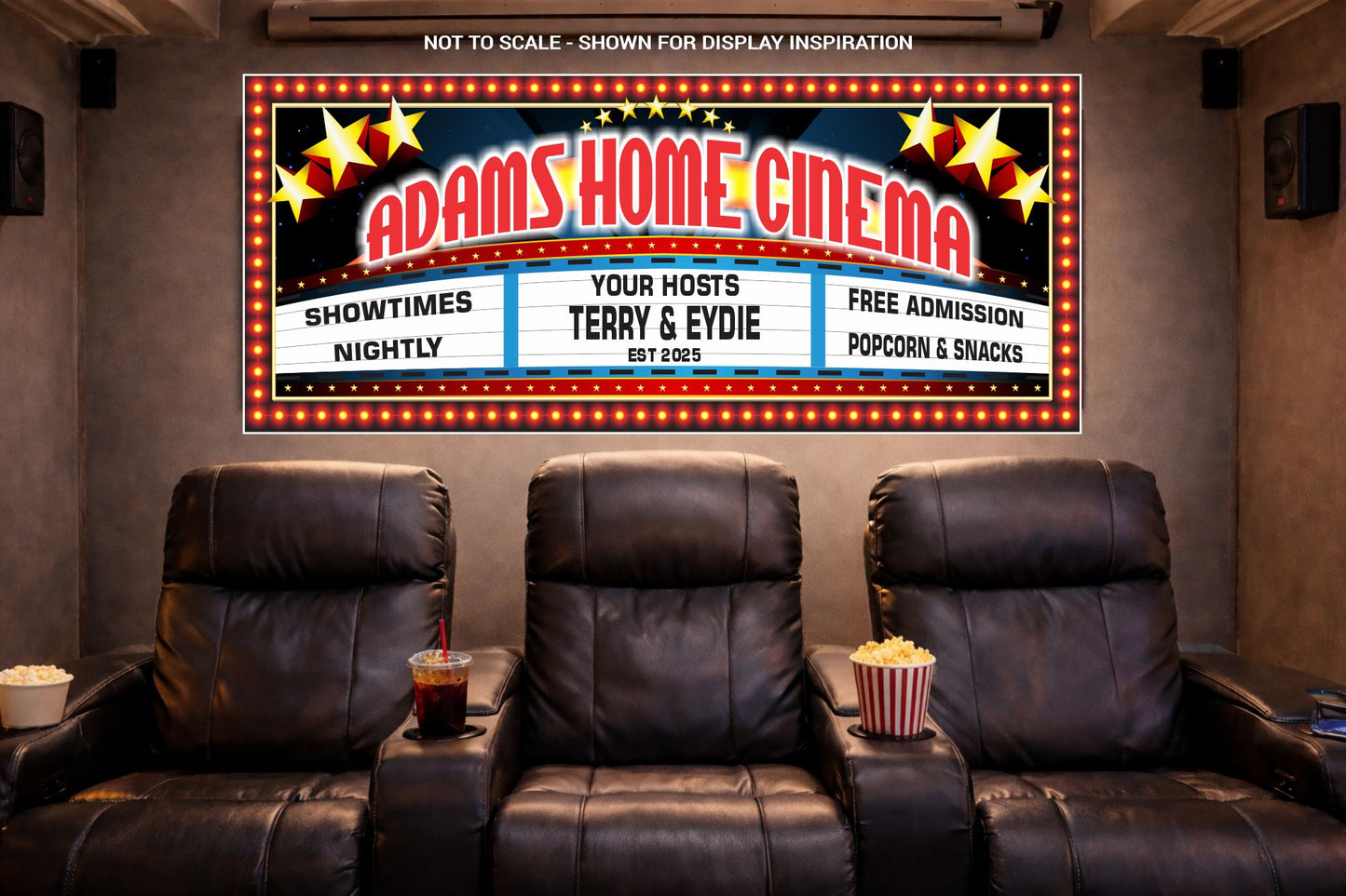 Personalized Adams Home Cinema sign displayed on the wall of a cozy home theater room with leather recliners.