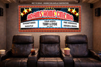 Personalized Adams Home Cinema sign displayed on the wall of a cozy home theater room with leather recliners.