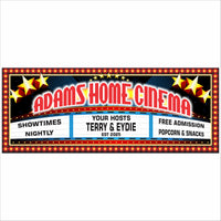 Personalized Adams Home Cinema marquee sign with showtimes, free admission, and popcorn snacks theme.