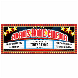 Personalized Adams Home Cinema marquee sign with showtimes, free admission, and popcorn snacks theme.
