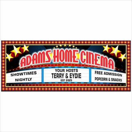 Personalized Adams Home Cinema marquee sign with showtimes, free admission, and popcorn snacks theme.