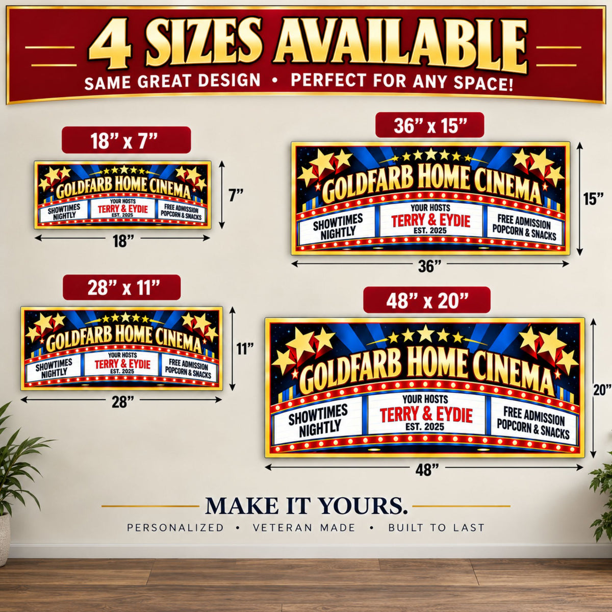 Four-size comparison showing the custom cinema sign in 18×7, 28×11, 36×15 and 48×20 inches.