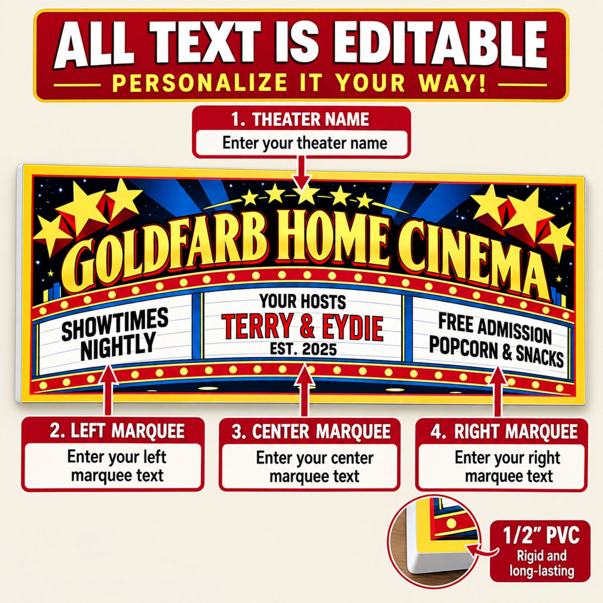 Personalization guide showing the editable theater name and three customizable marquee sections.
