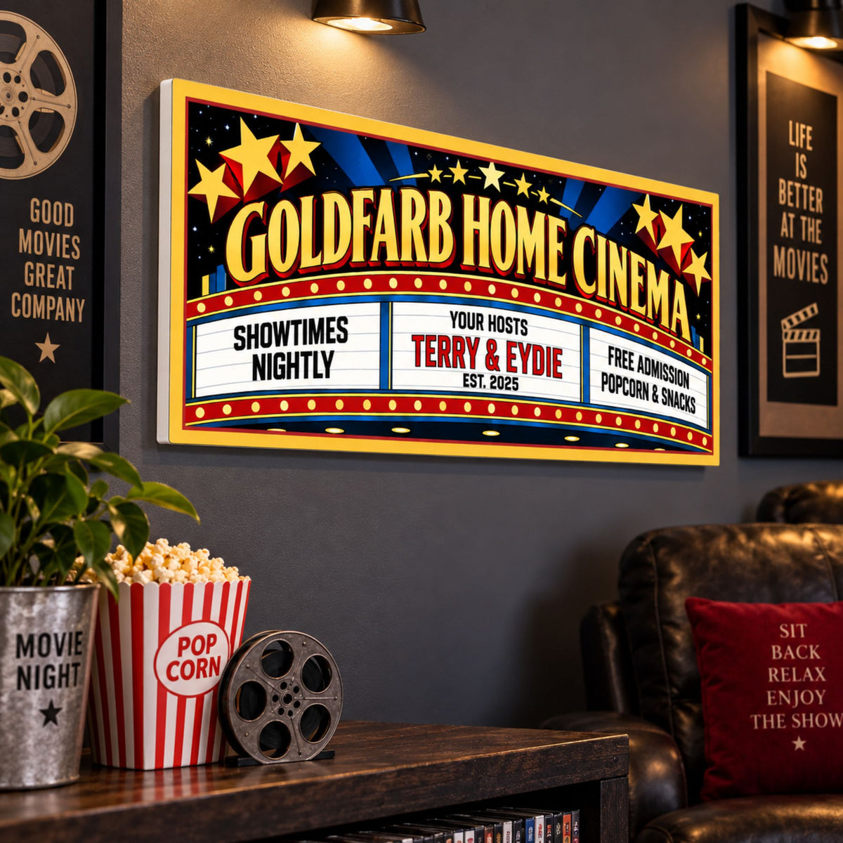 Personalized family cinema sign displayed on a home theater wall.