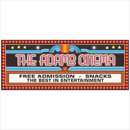 personalized home theater sign that reads the adams cinema with lights and retro marquee design
