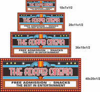 Personalized home theater sign size comparison showing 18x7, 28x11, 36x15, and 48x20 inch options for different wall spaces