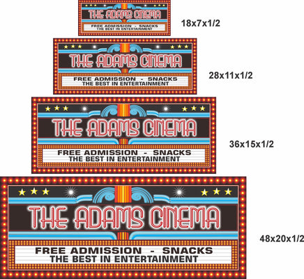 Personalized home theater sign size comparison showing 18x7, 28x11, 36x15, and 48x20 inch options for different wall spaces