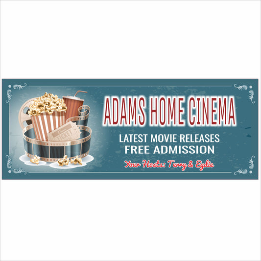 Personalized home theater sign with popcorn and vintage movie marquee design on teal background