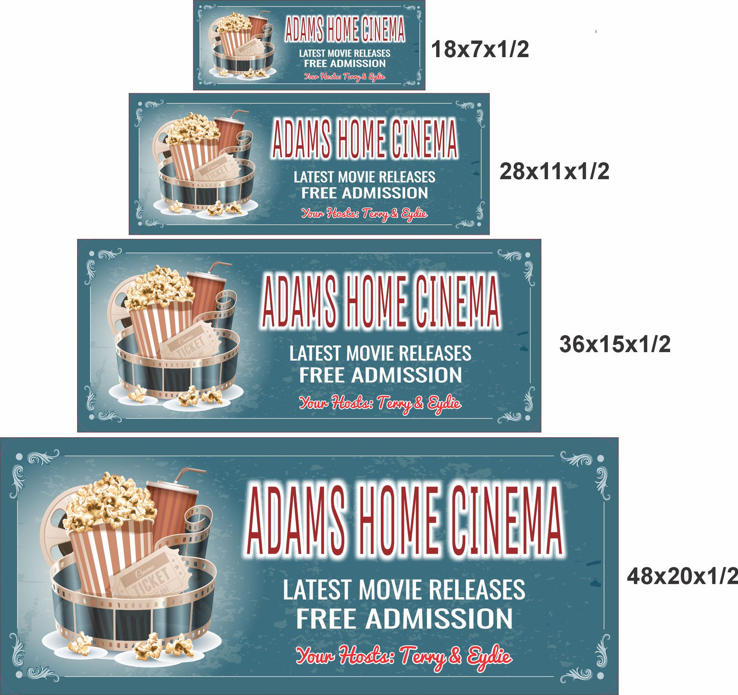 Home theater sign shown in 18x7, 28x11, 36x15, and 48x20 inch size options