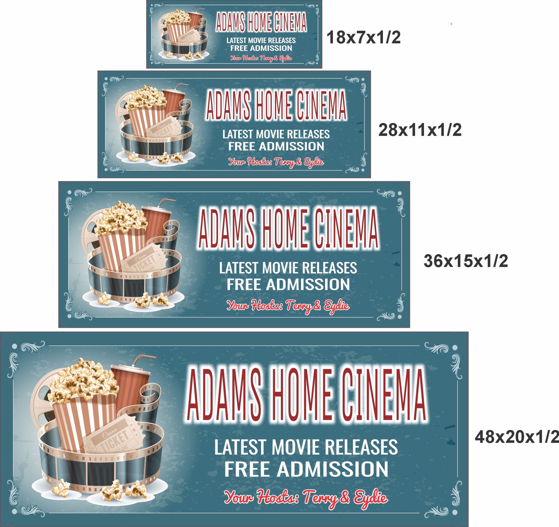 Home theater sign shown in 18x7, 28x11, 36x15, and 48x20 inch size options