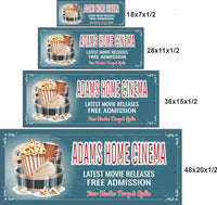 Home theater sign shown in 18x7, 28x11, 36x15, and 48x20 inch size options