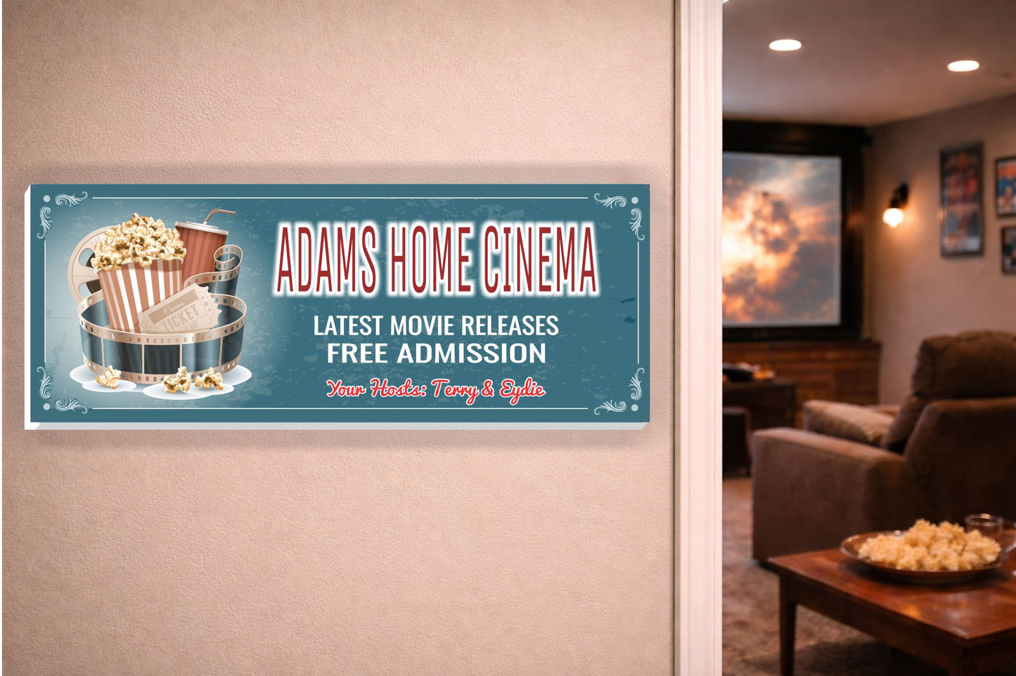 Custom home cinema sign mounted on a wall inside a home theater room