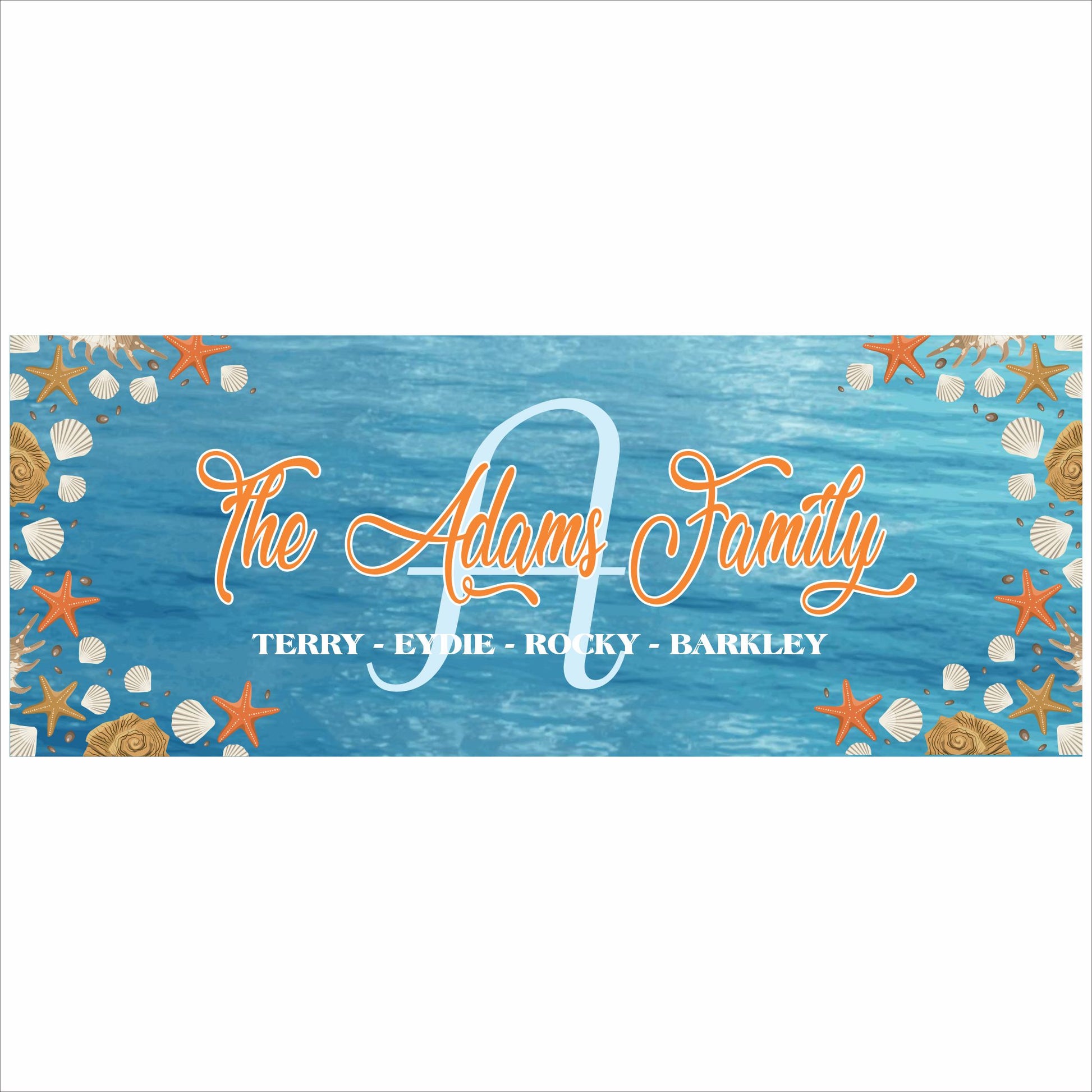 Personalized beach family name sign with seashell and starfish border on blue ocean background