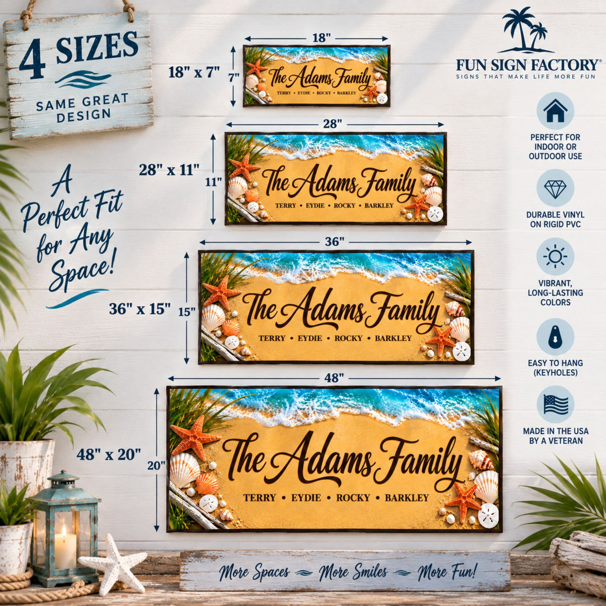 Personalized beach family sign shown in 18 by 7, 28 by 11, 36 by 15 and 48 by 20 inch sizes.