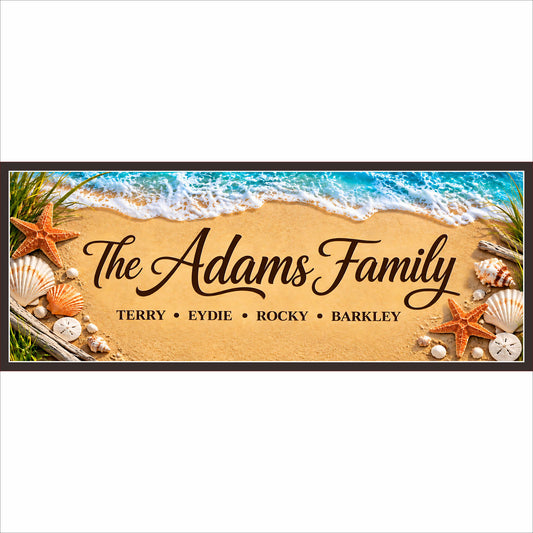 Personalized family beach sign featuring turquoise surf, sandy shore, seashells, starfish and two lines of custom text.