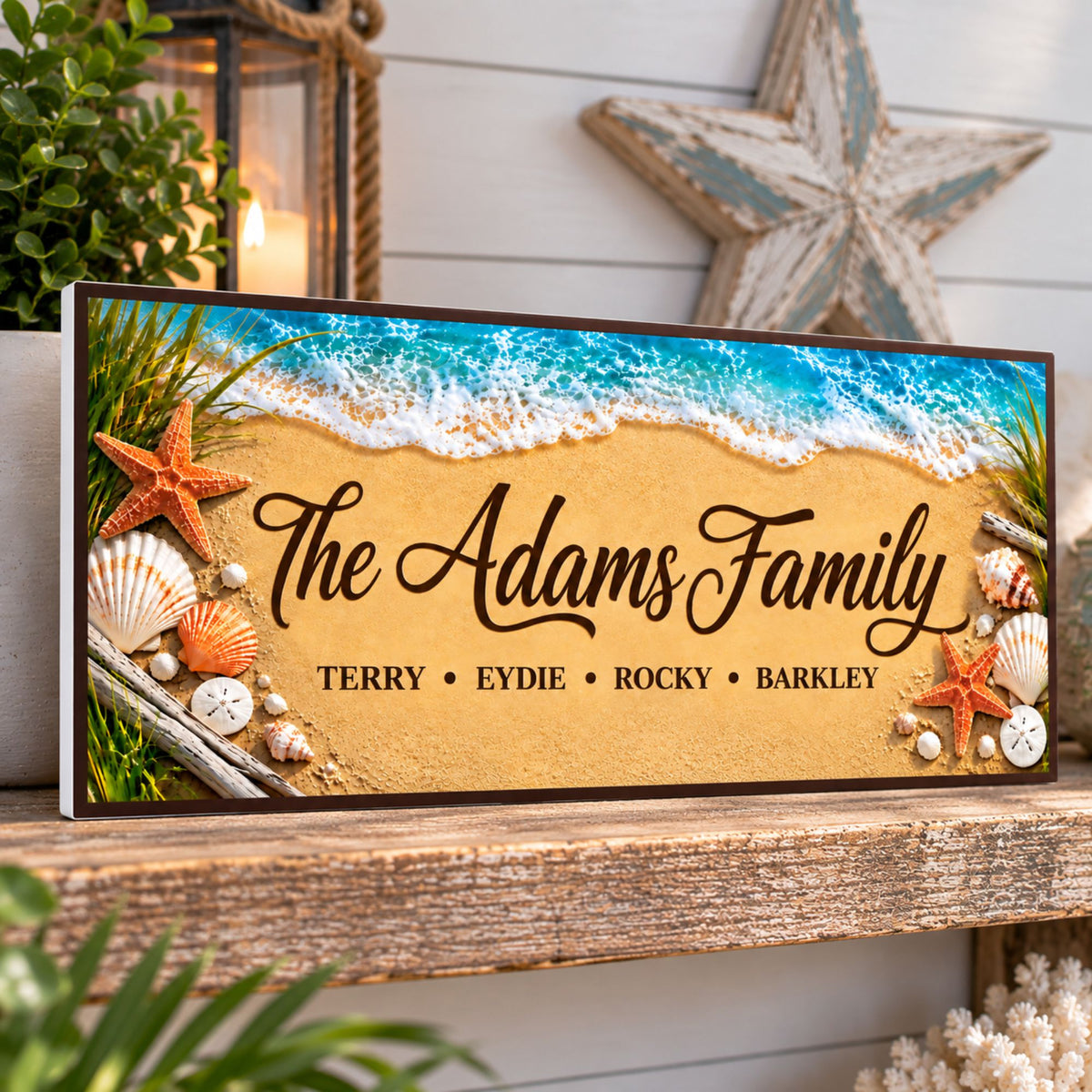 Personalized family beach sign displayed on a coastal shelf with turquoise ocean, sand, seashells and custom family names.