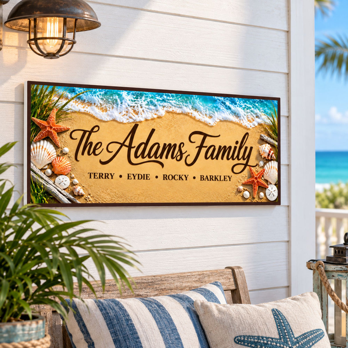 Personalized coastal family sign displayed on a beach house wall with ocean view and custom family names.