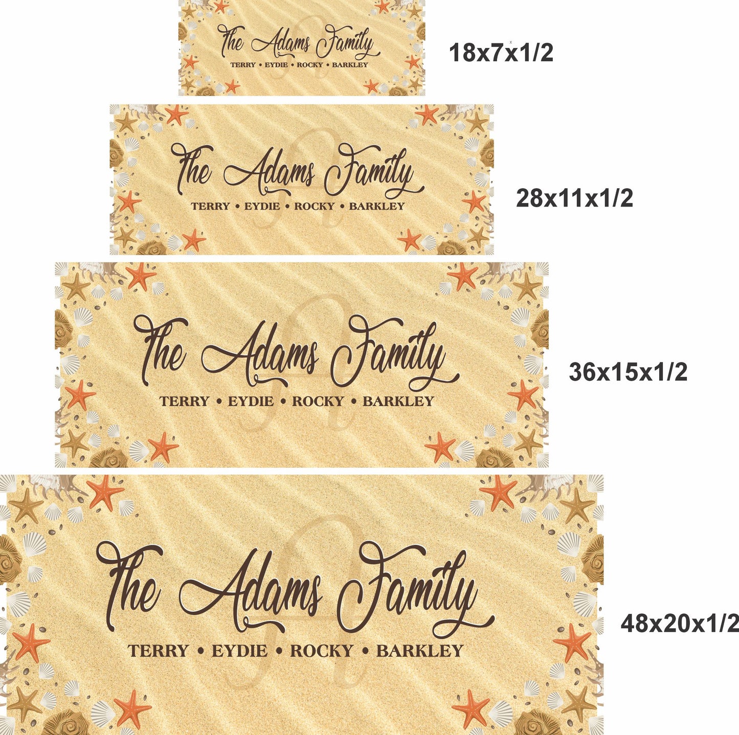 custom beach family sign shown in four size options comparison layout for wall display