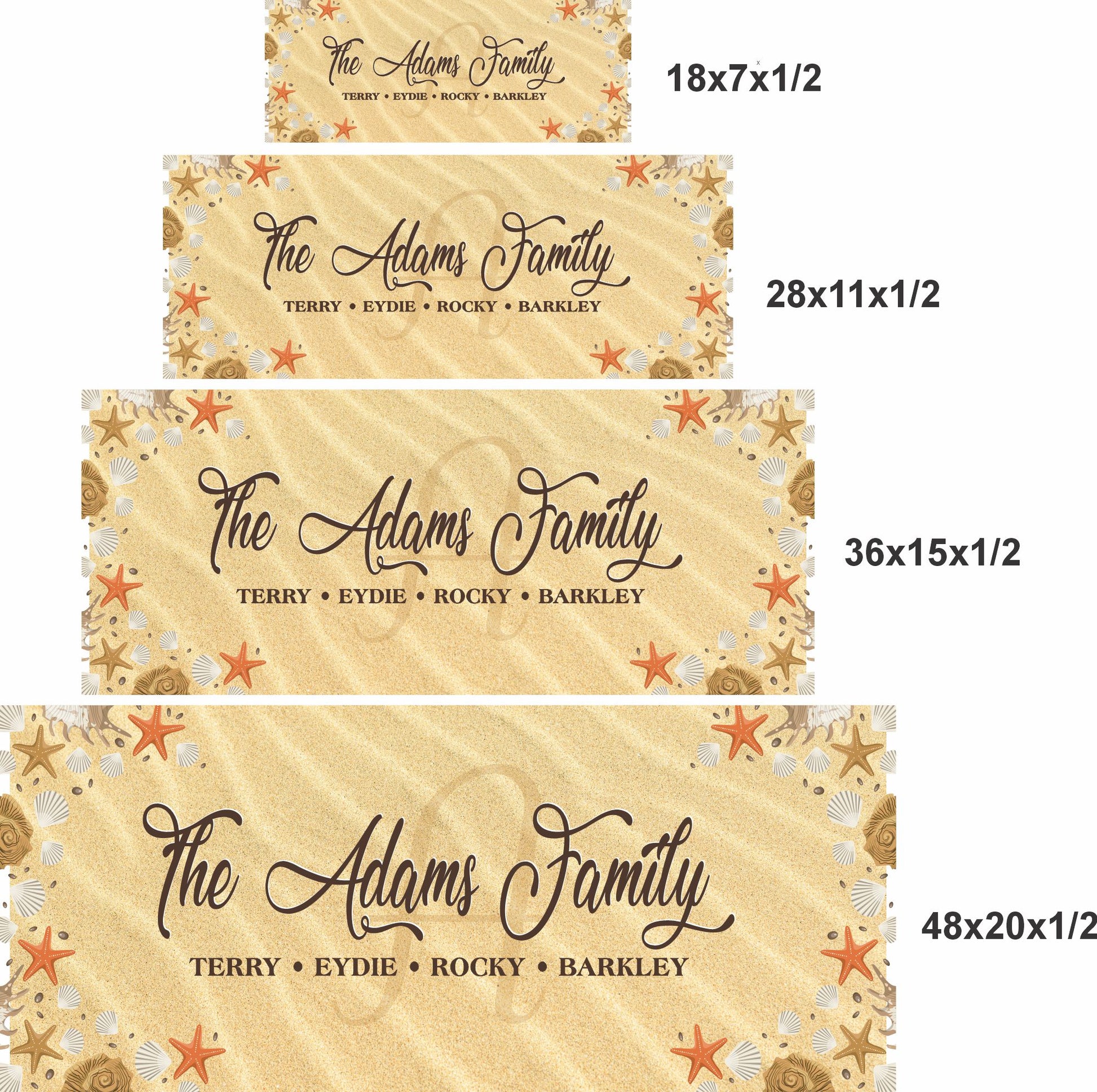 custom beach family sign shown in four size options comparison layout for wall display