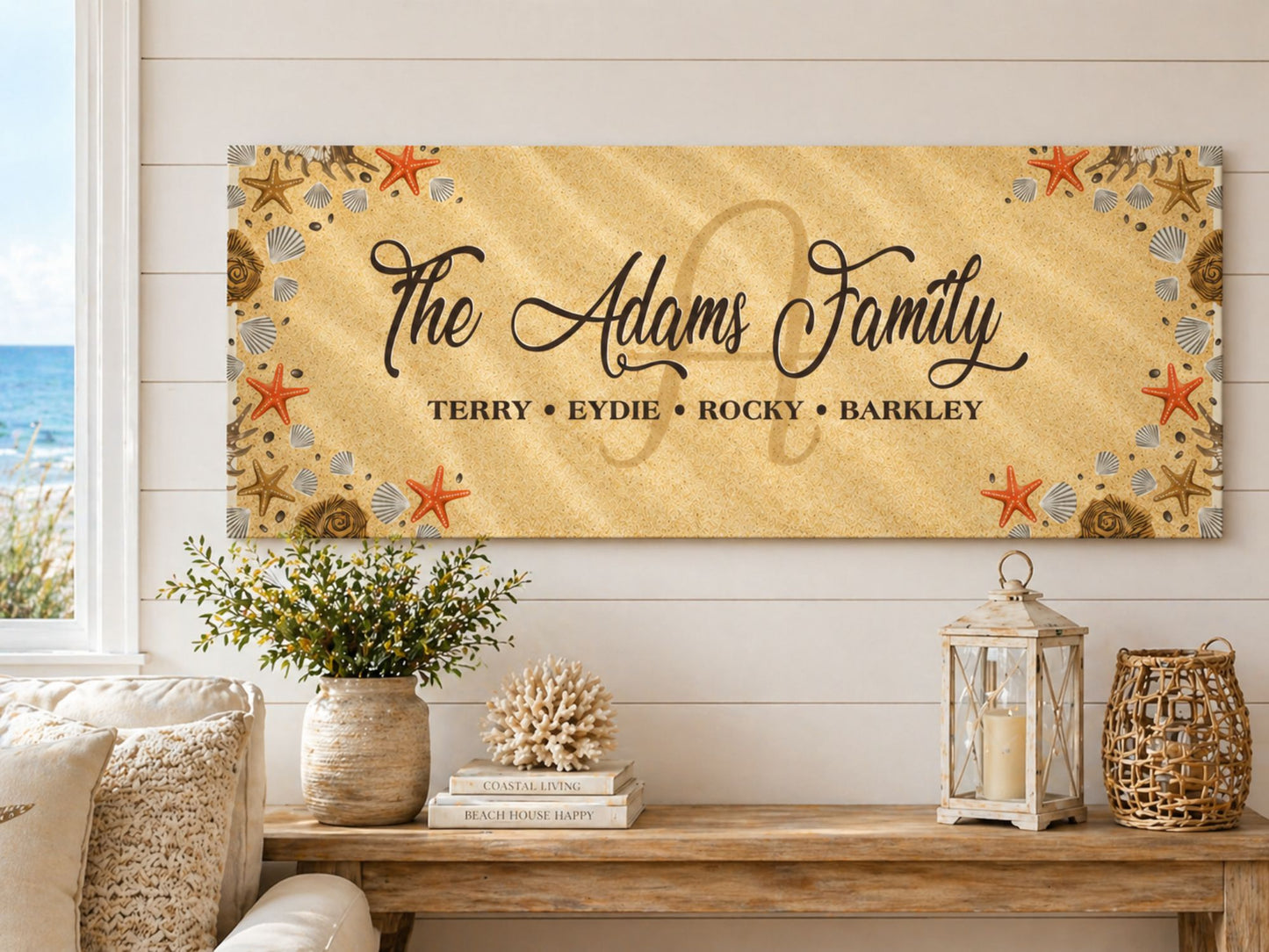 personalized beach sign mounted on wall in coastal living room with plants and soft neutral decor