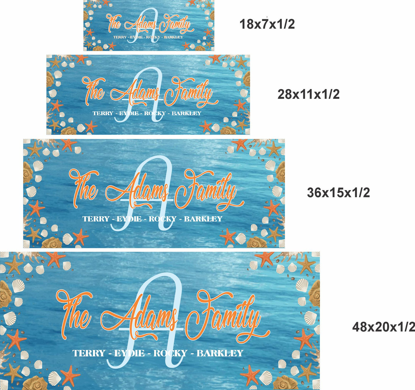 Coastal family name sign size comparison chart showing four available sizes