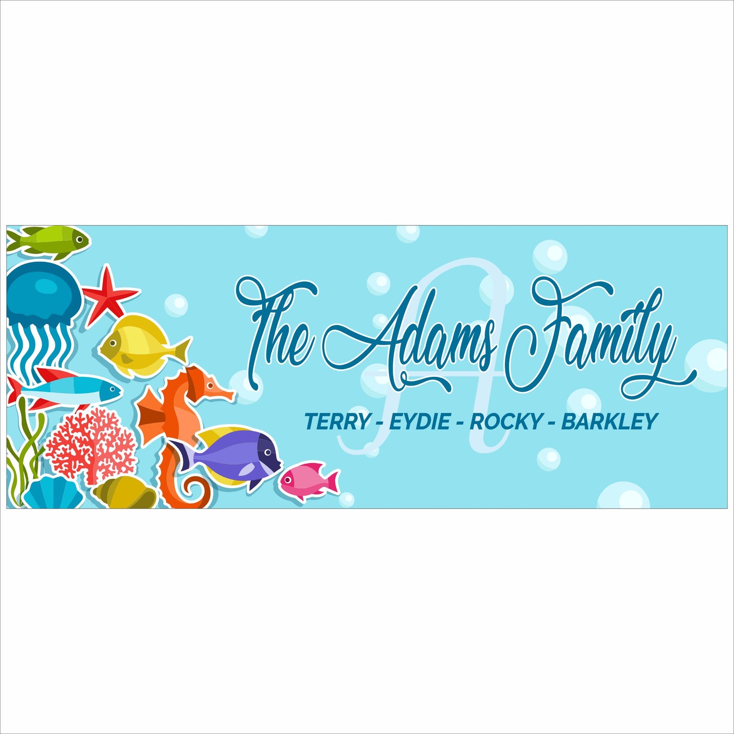 personalized ocean family name sign with colorful tropical fish and bubbles