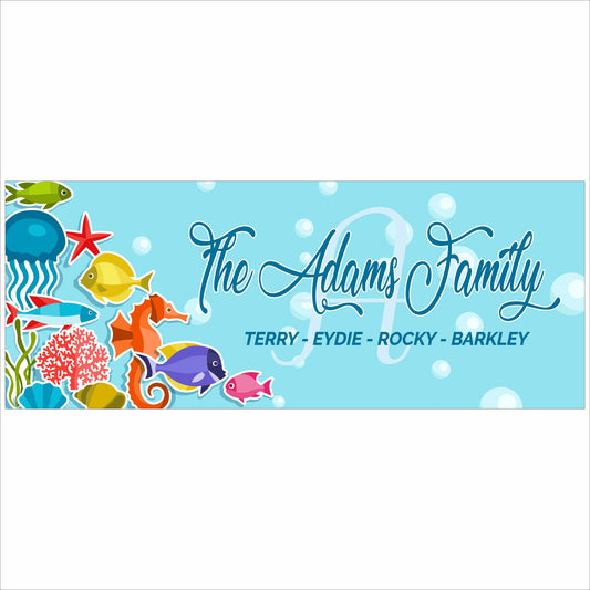 personalized ocean family name sign with colorful tropical fish and bubbles