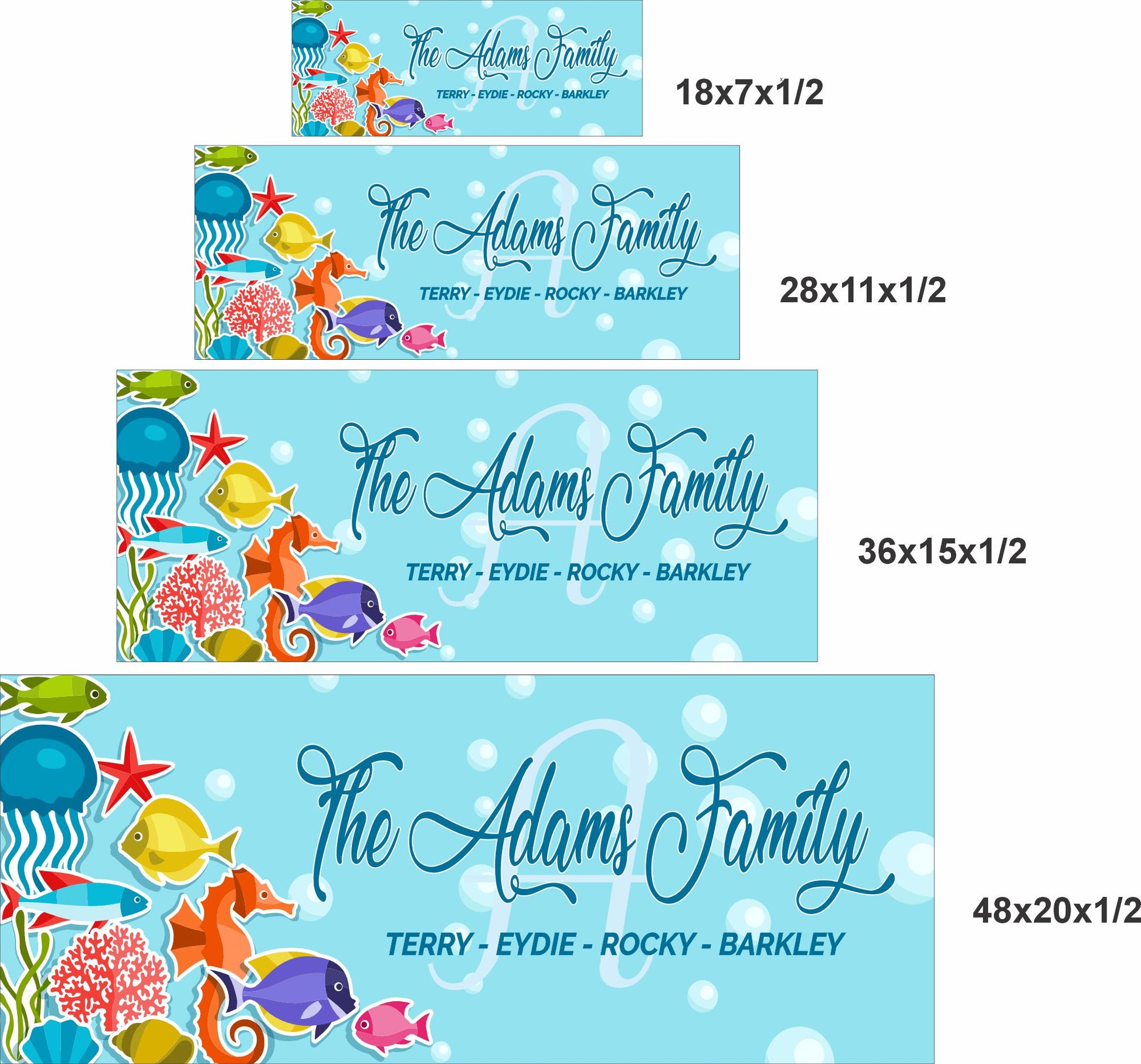size chart showing four sizes of personalized ocean family name sign with tropical fish design