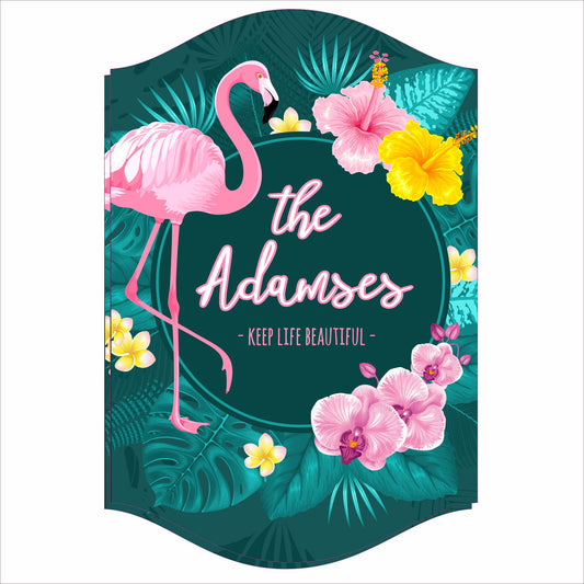 Personalized flamingo family sign with tropical flowers and custom family name wall decor