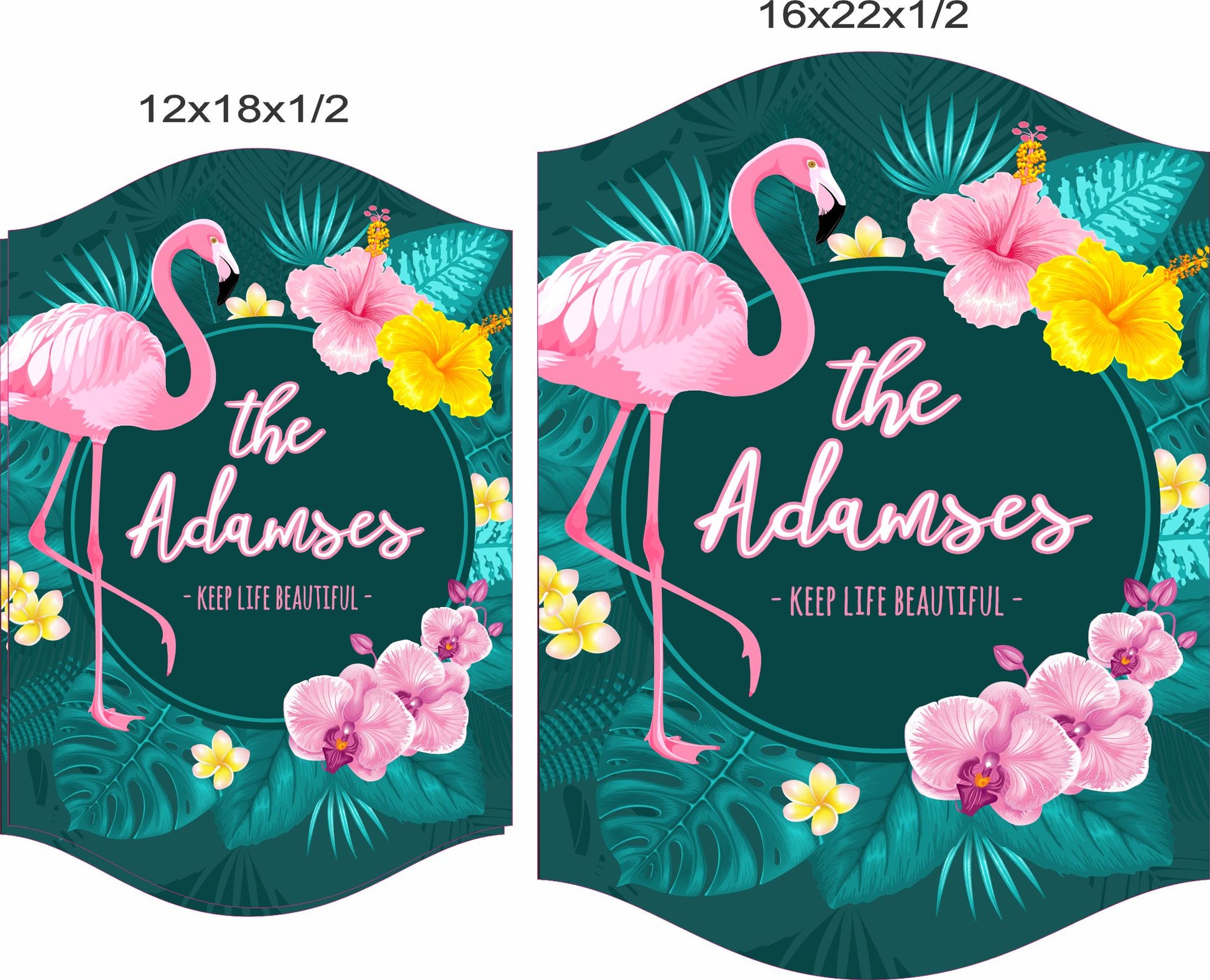 Flamingo family sign shown in 12x18 and 16x22 size options for scale reference