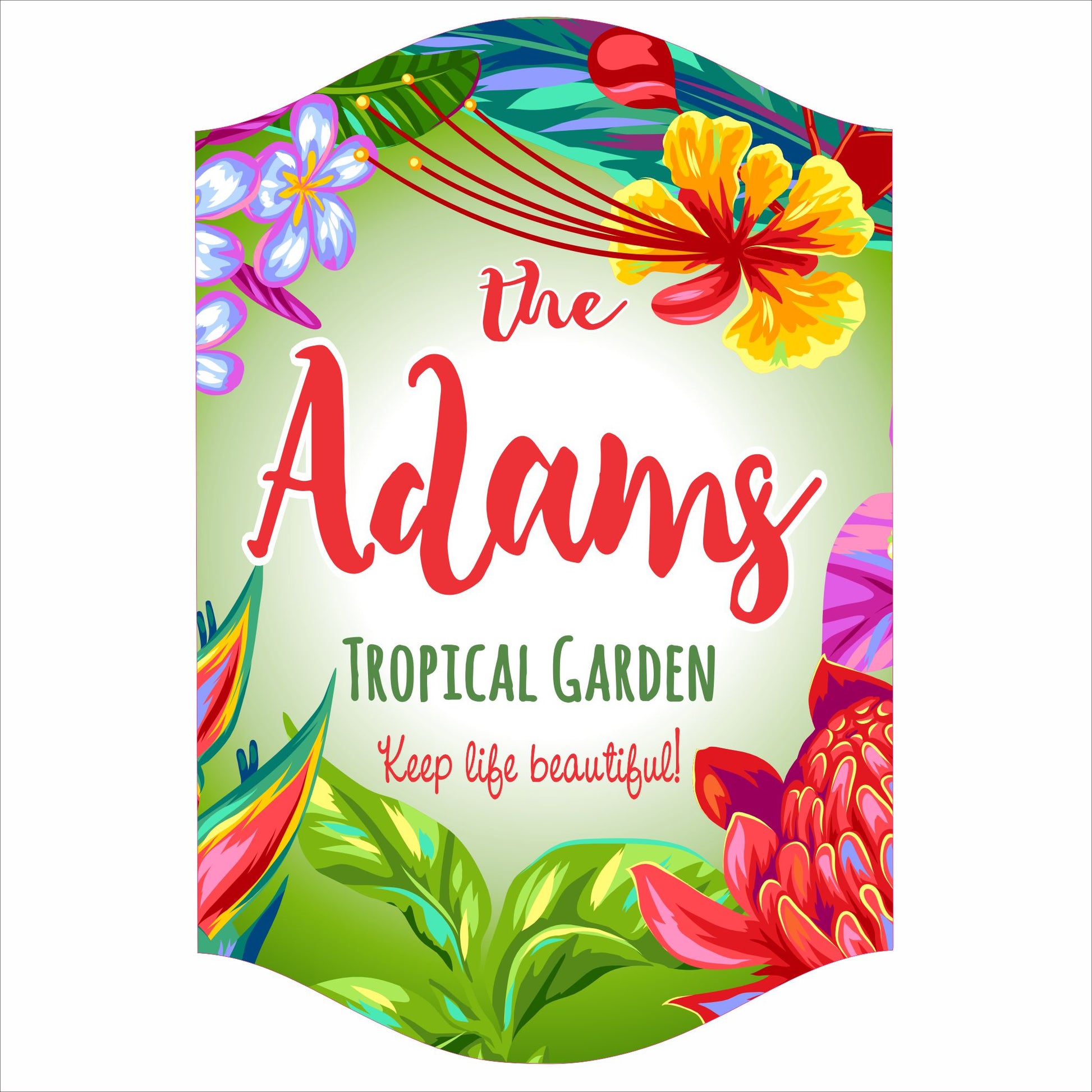 Personalized tropical garden sign with colorful flowers and custom family name