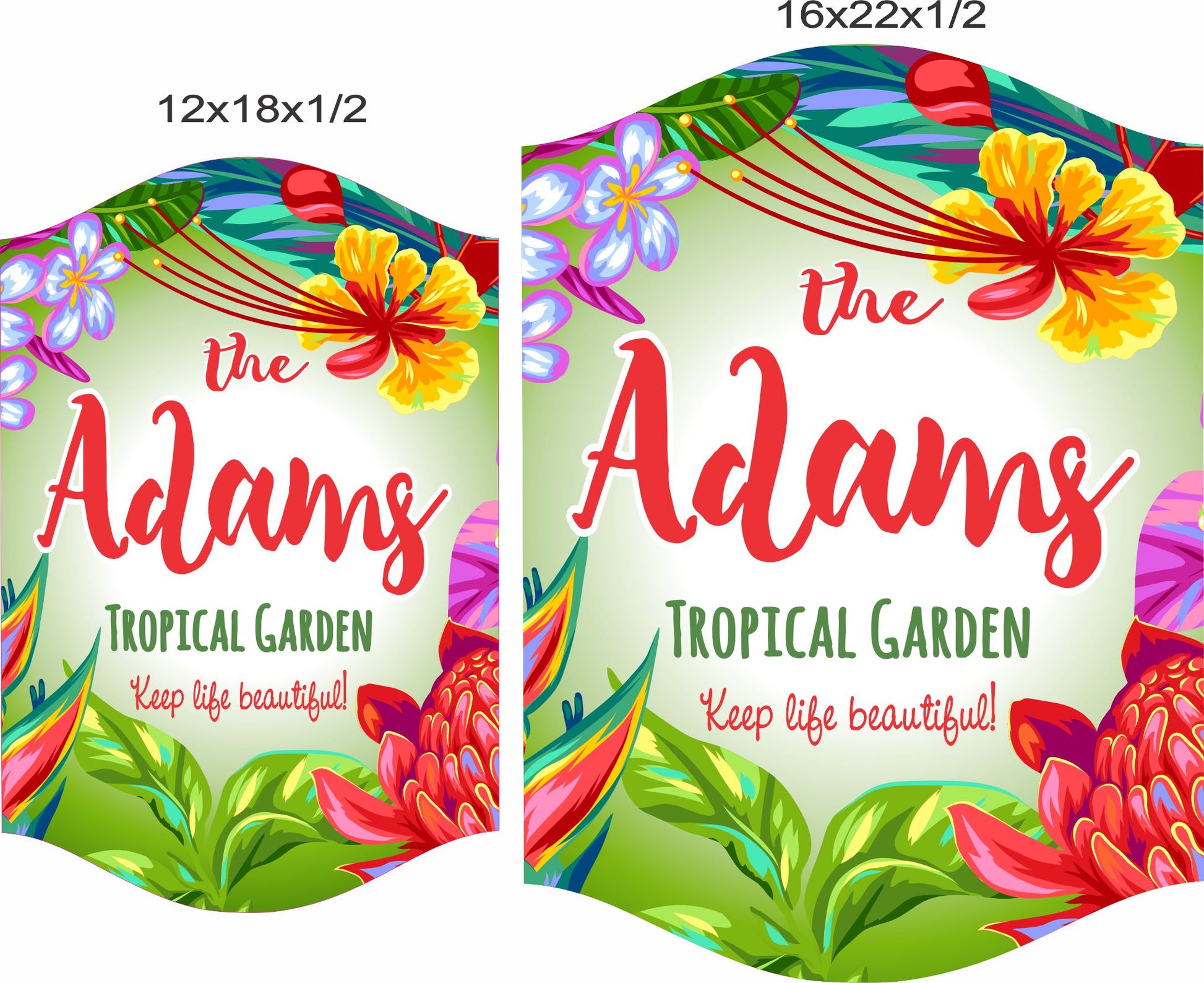 Tropical garden sign shown in 12x18 and 16x22 size options for scale reference