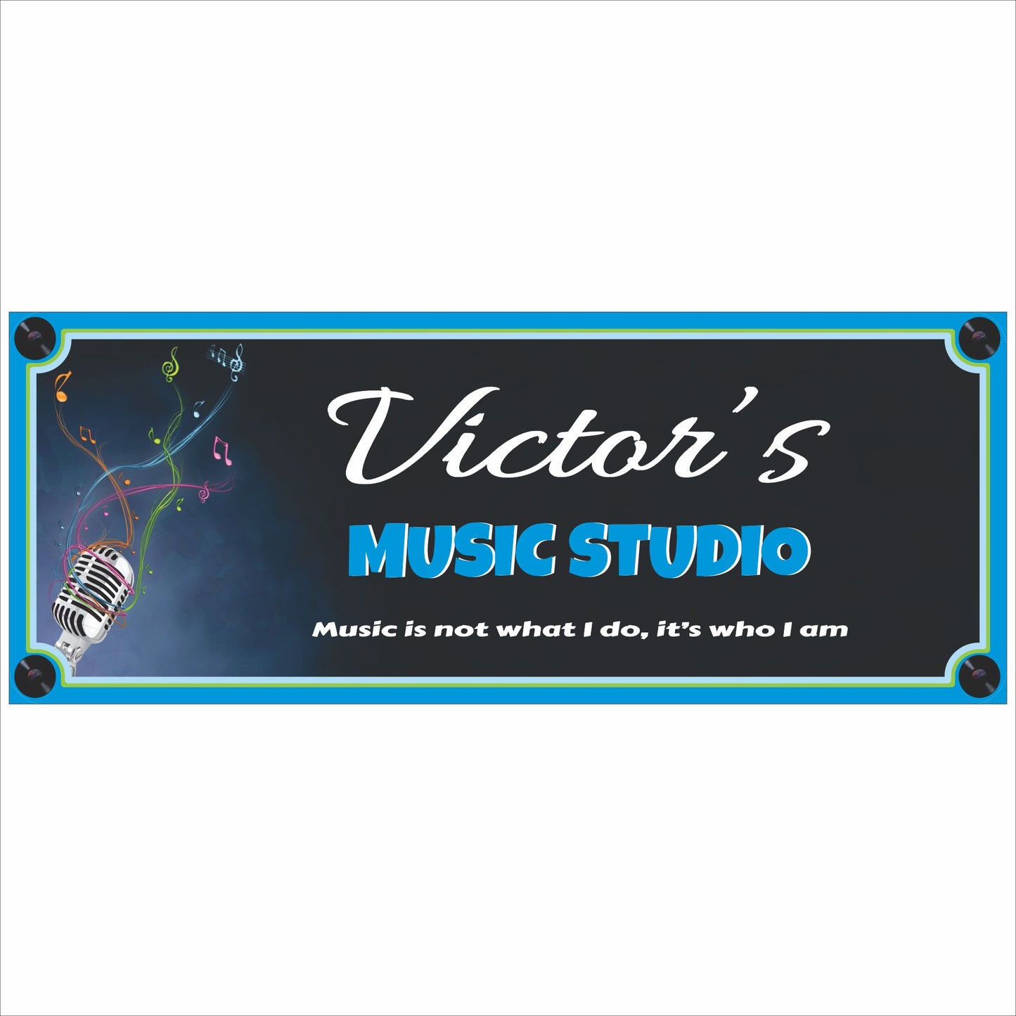 custom music studio wall sign with microphone graphic and music notes design for recording studio or musician workspace