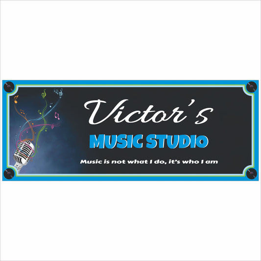 custom music studio wall sign with microphone graphic and music notes design for recording studio or musician workspace