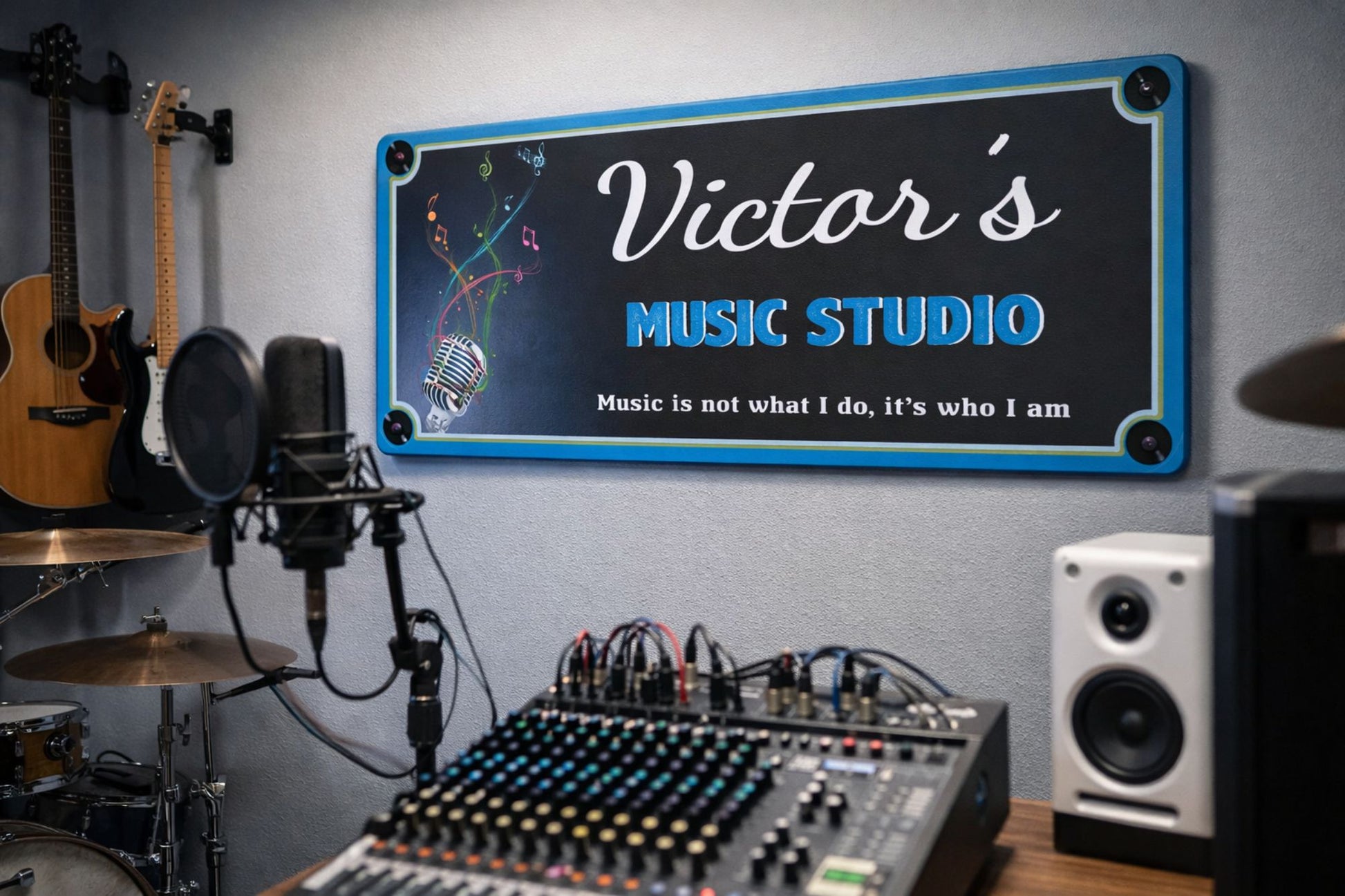 custom music studio wall sign displayed above a recording console with microphones guitars and studio equipment in a home music recording studio