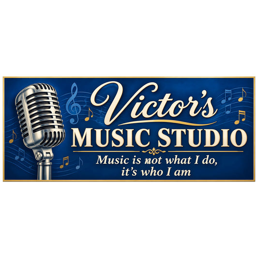 Personalized music studio sign with a vintage silver microphone, cream lettering, musical notes, and a gold border on a rich blue background.