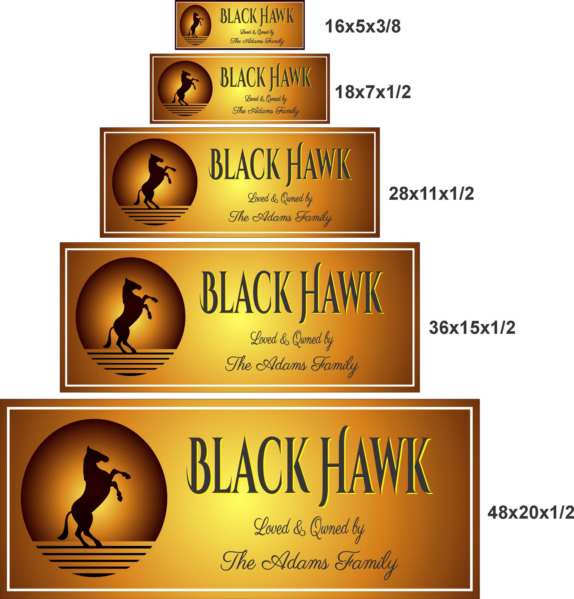 Horse stall sign shown in four sizes from 16x5 to 36x15 inches