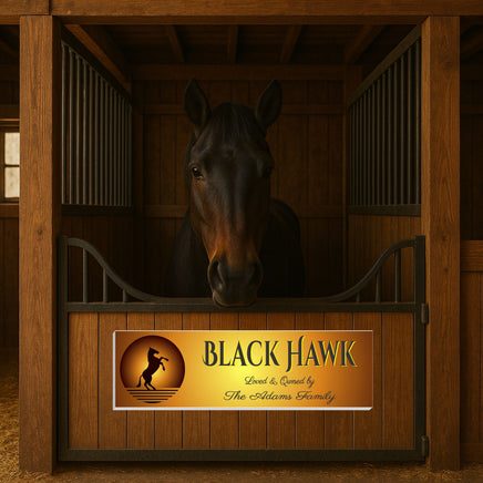 Custom horse stall sign displayed on a wooden barn stall door