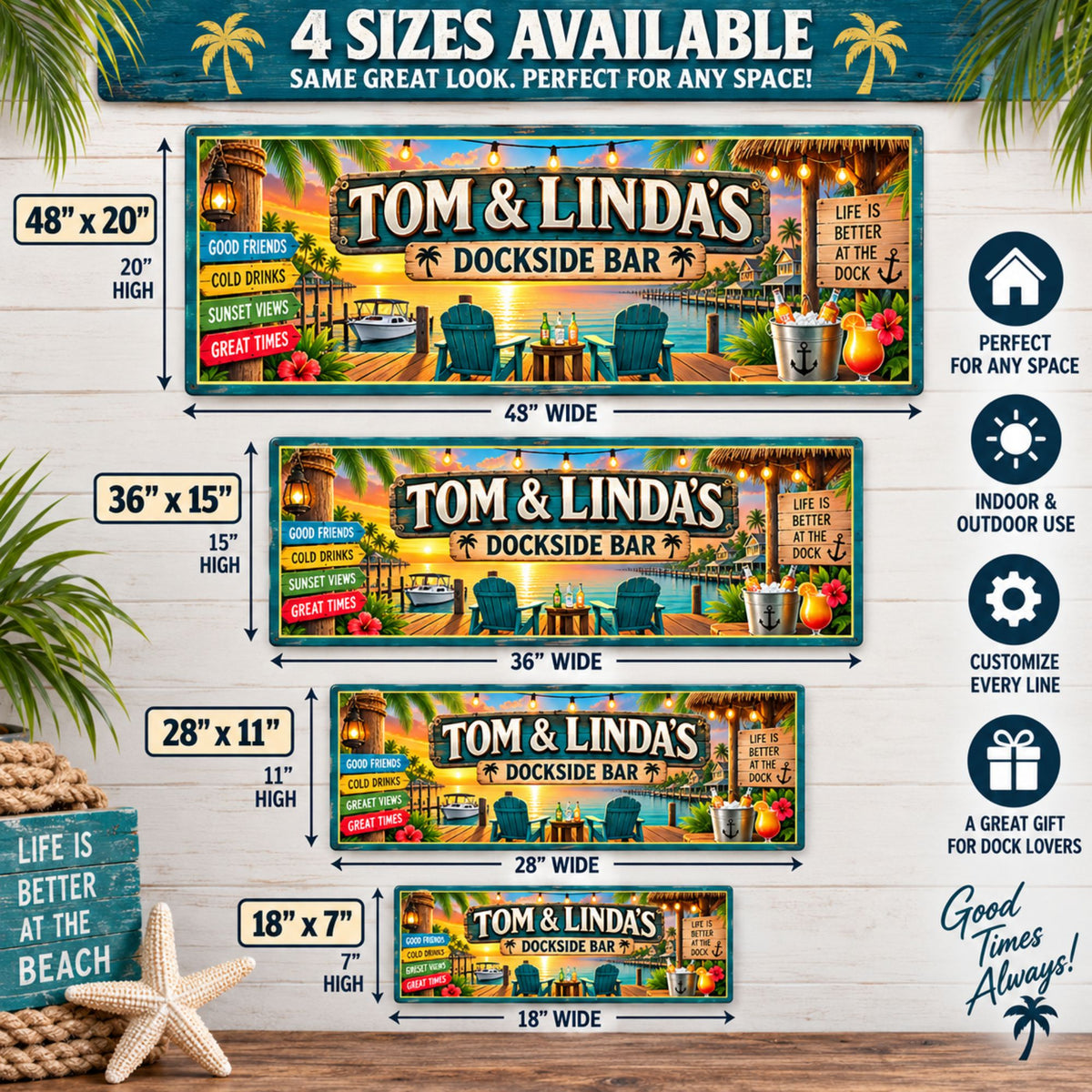Four-size comparison showing the dockside bar sign in 18×7, 28×11, 36×15 and 48×20 inches.