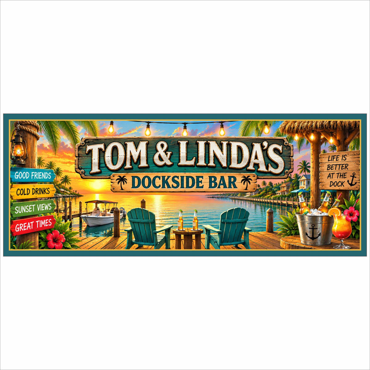 Personalized dockside bar sign with custom names, tropical sunset, boat, dock and colorful coastal details.