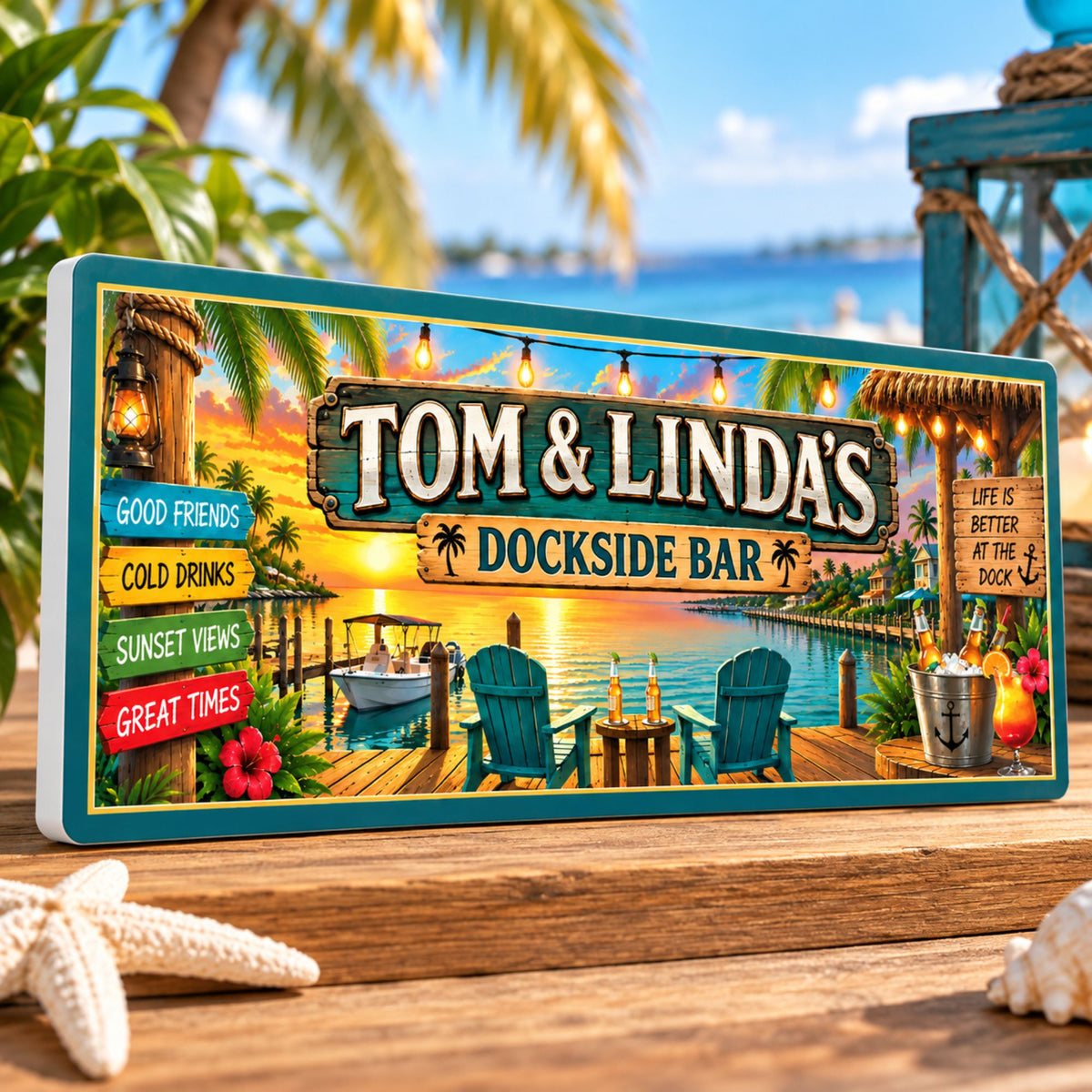 Custom dockside bar sign displayed outdoors by the water with tropical coastal décor.