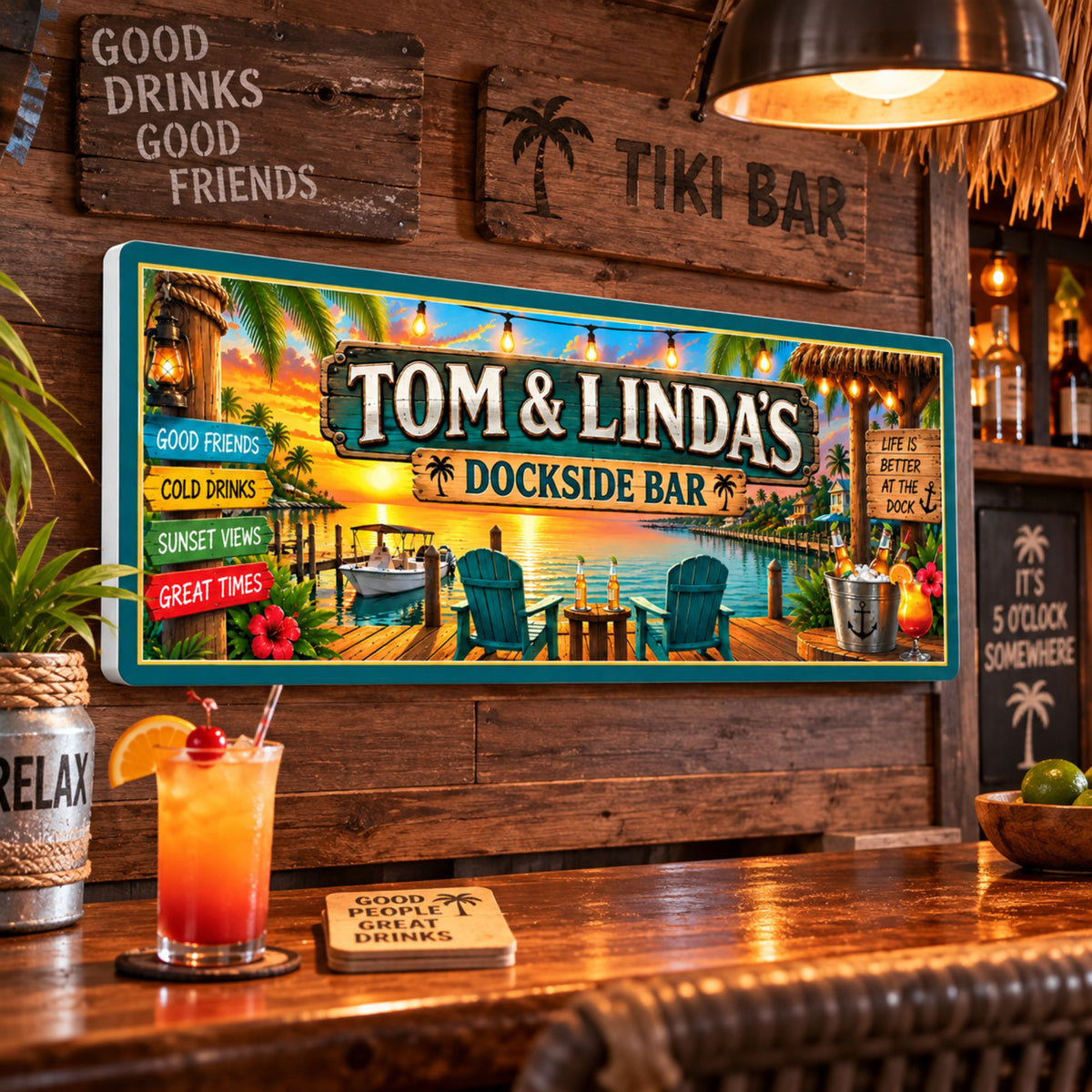 Personalized dockside bar sign displayed in a rustic tiki bar setting.