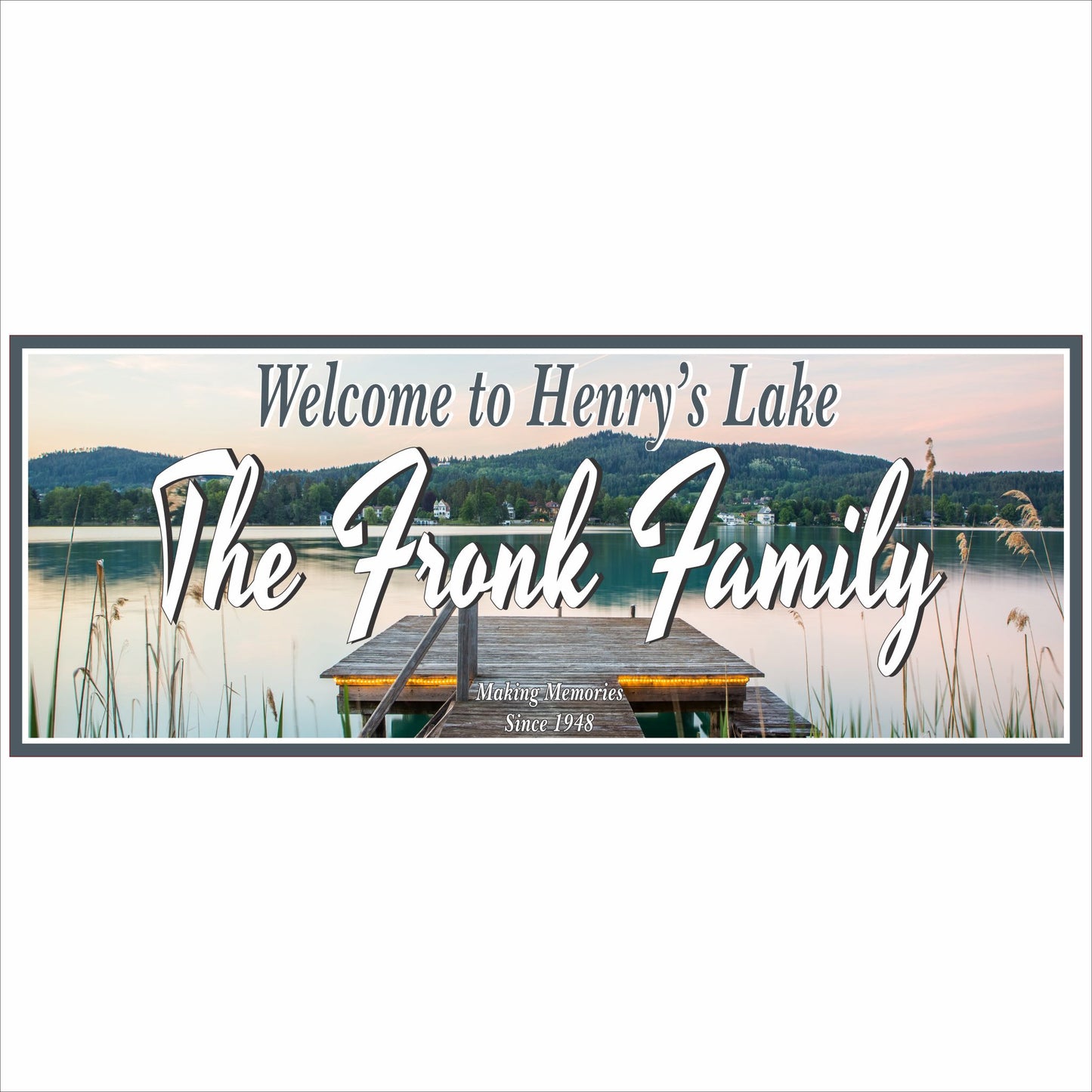 Personalized lake house sign with dock and lake scenery, custom family name