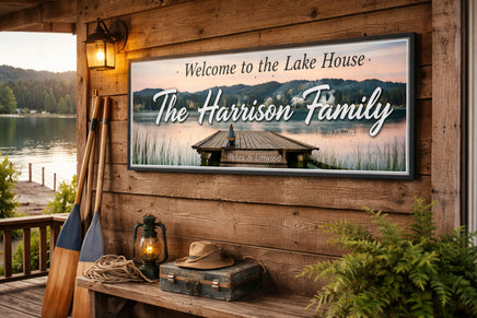 Lake house welcome sign displayed on a rustic cabin wall overlooking the lake