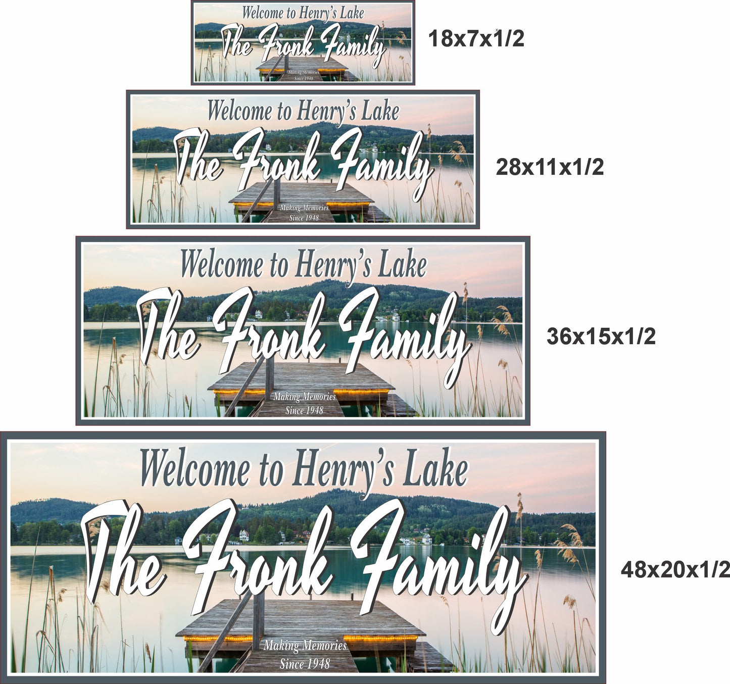 Lake house sign shown in four sizes with labeled dimensions