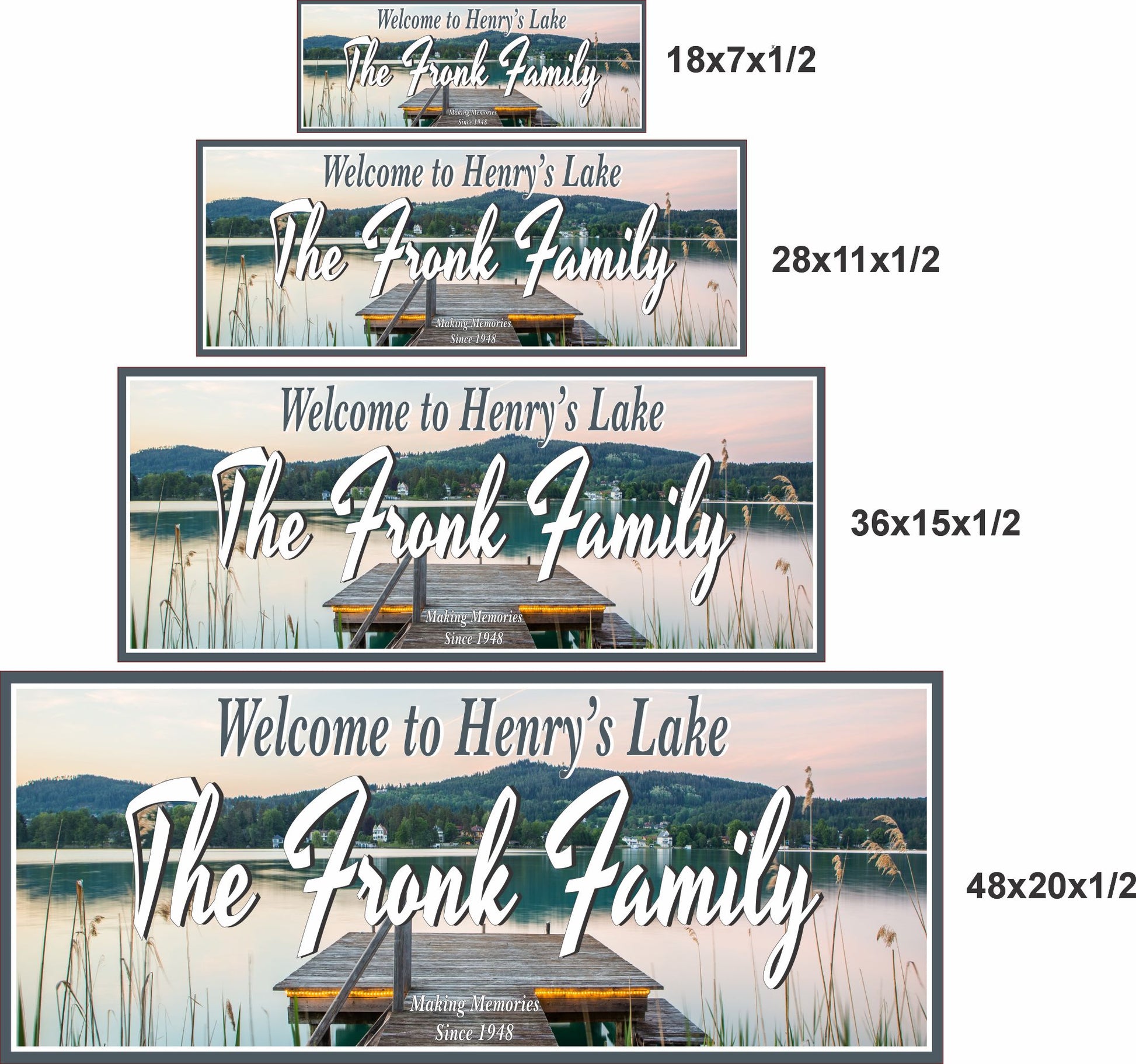 Lake house sign shown in four sizes with labeled dimensions