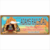 Personalized railroad sign with train engine and mountain tunnel, custom conductor names