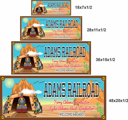 Railroad sign shown in four sizes with labeled dimensions