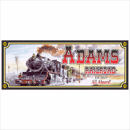 Personalized vintage railroad sign with steam locomotive and customizable name